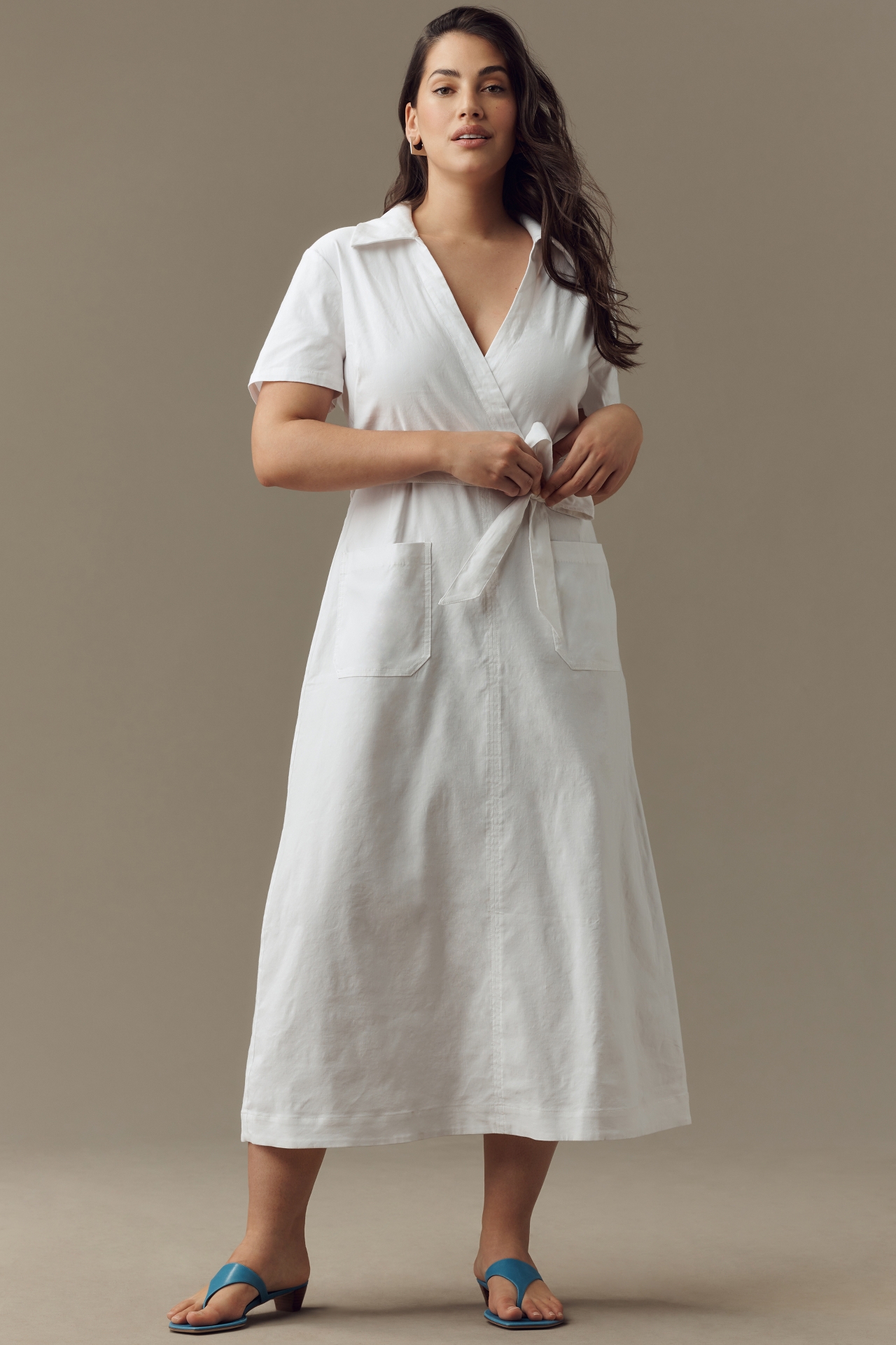 Maeve Short-Sleeve Linen Tie-Waist Midi Dress