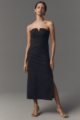 By Anthropologie Strapless Linen Plunge-neck Midi Dress