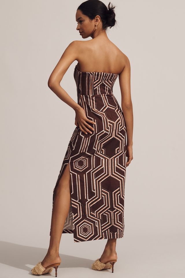 By Anthropologie Strapless Linen Plunge-Neck Midi Dress #1