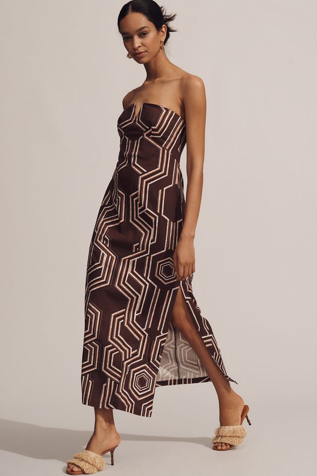 By Anthropologie Strapless Linen Plunge-Neck Midi Dress #3