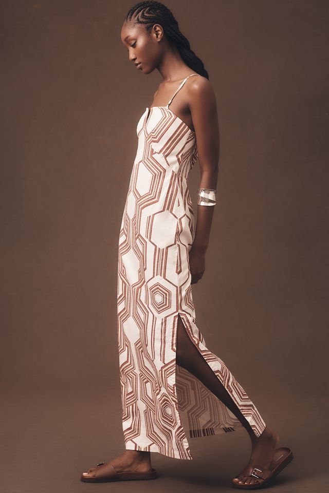 By Anthropologie Strapless Linen Plunge-Neck Midi Dress #1