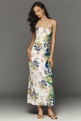 Strapless Linen Plunge-Neck Midi Dress