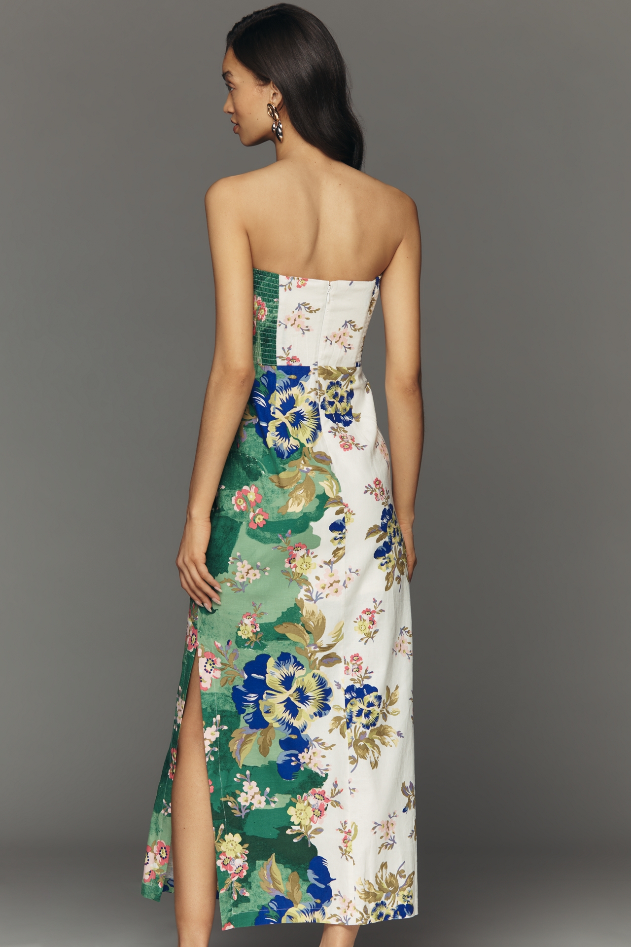 By Anthropologie Strapless Linen Plunge-Neck Midi Dress