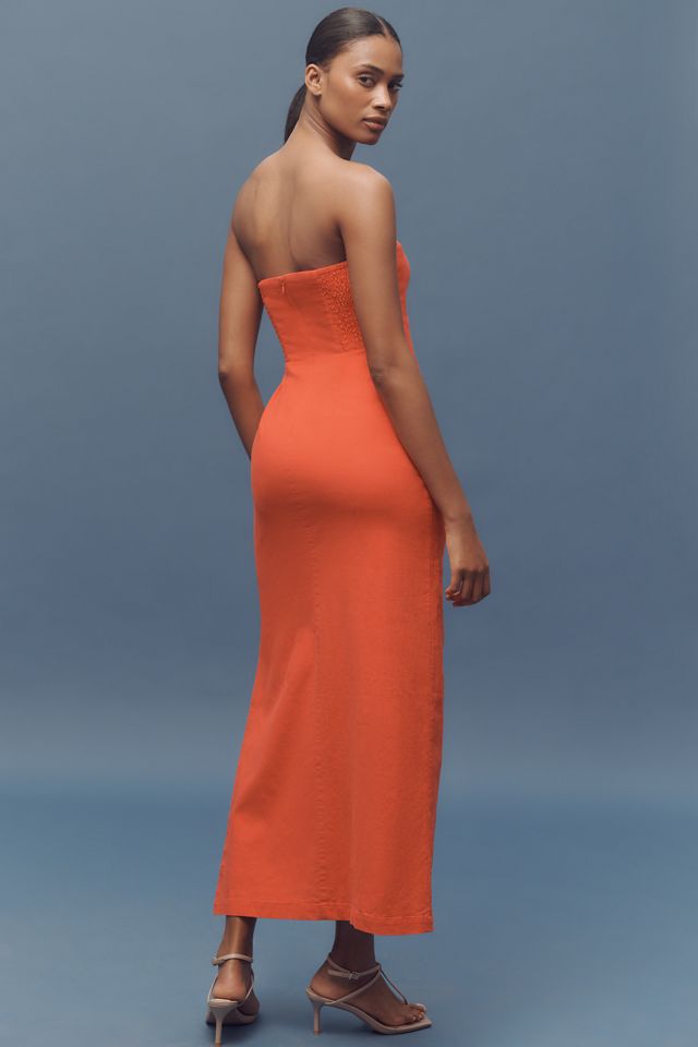 By Anthropologie Strapless Linen Plunge-Neck Midi Dress #1