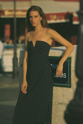 By Anthropologie Strapless Linen Plunge-Neck Midi Dress