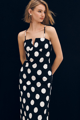 Strapless Linen Plunge-Neck Midi Dress