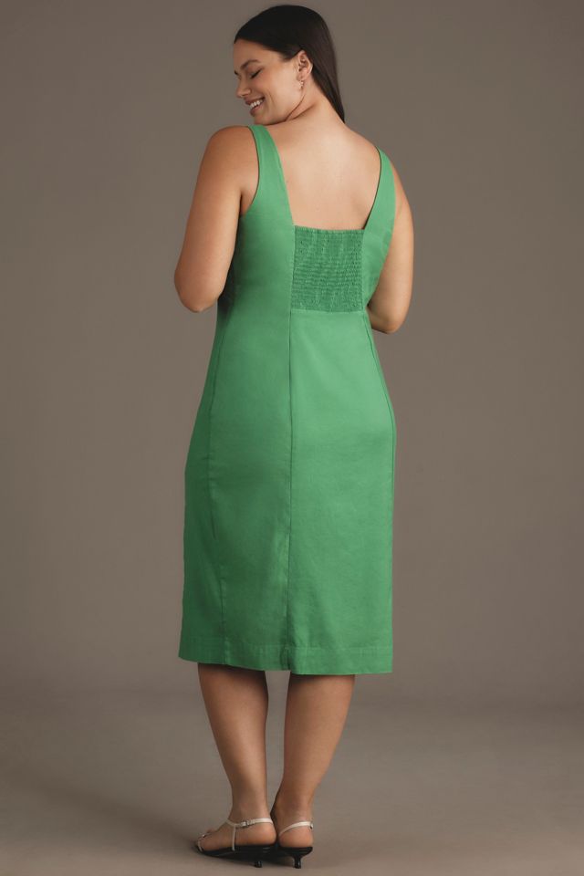 By Anthropologie Sleeveless Square-Neck Linen Button Wrap Midi Dress