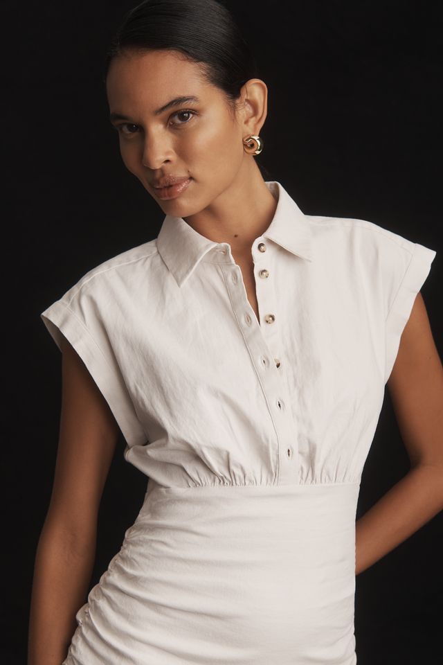 By Anthropologie Cap-Sleeve Collared Linen Ruched Mini Dress #3