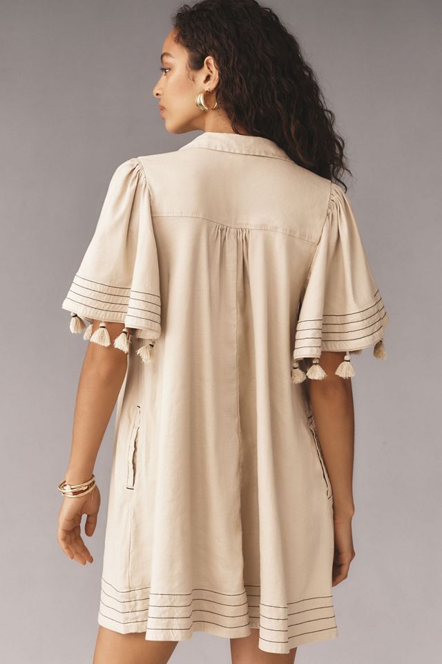 Maeve Collared Linen Button-Front Tassel Mini Dress