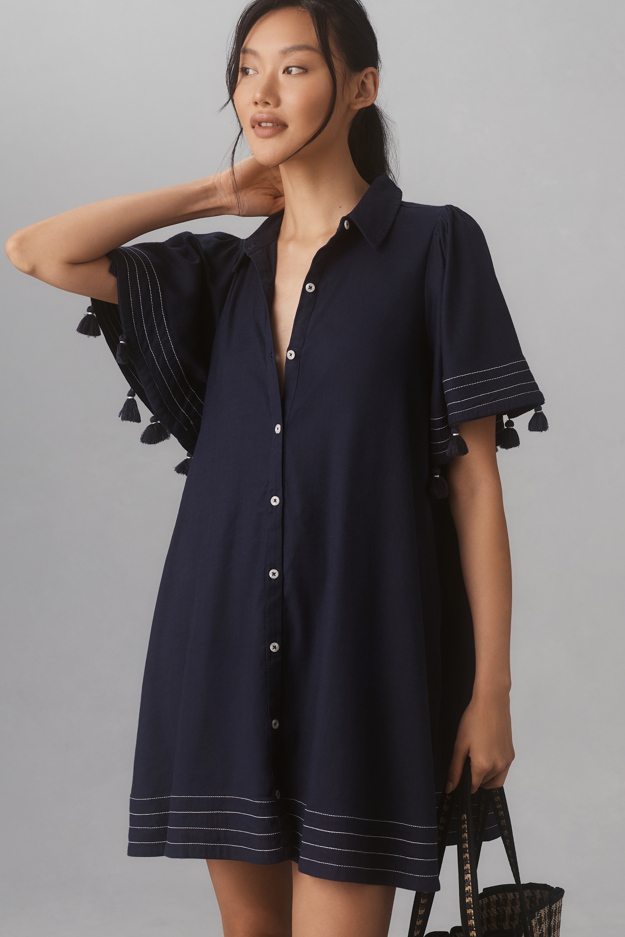 Maeve Collared Linen Button-Front Tassel Mini Dress