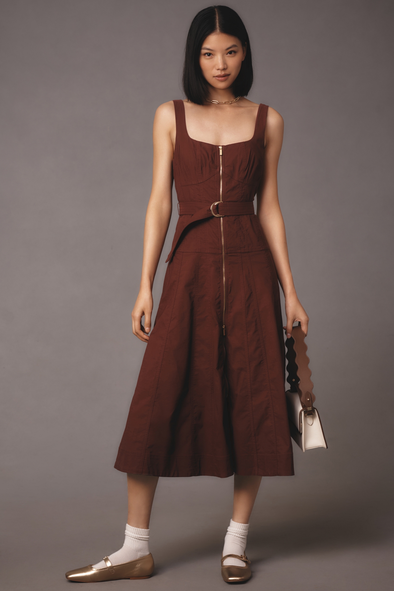 By Anthropologie Sleeveless Zip-Front Belted Midi Dress