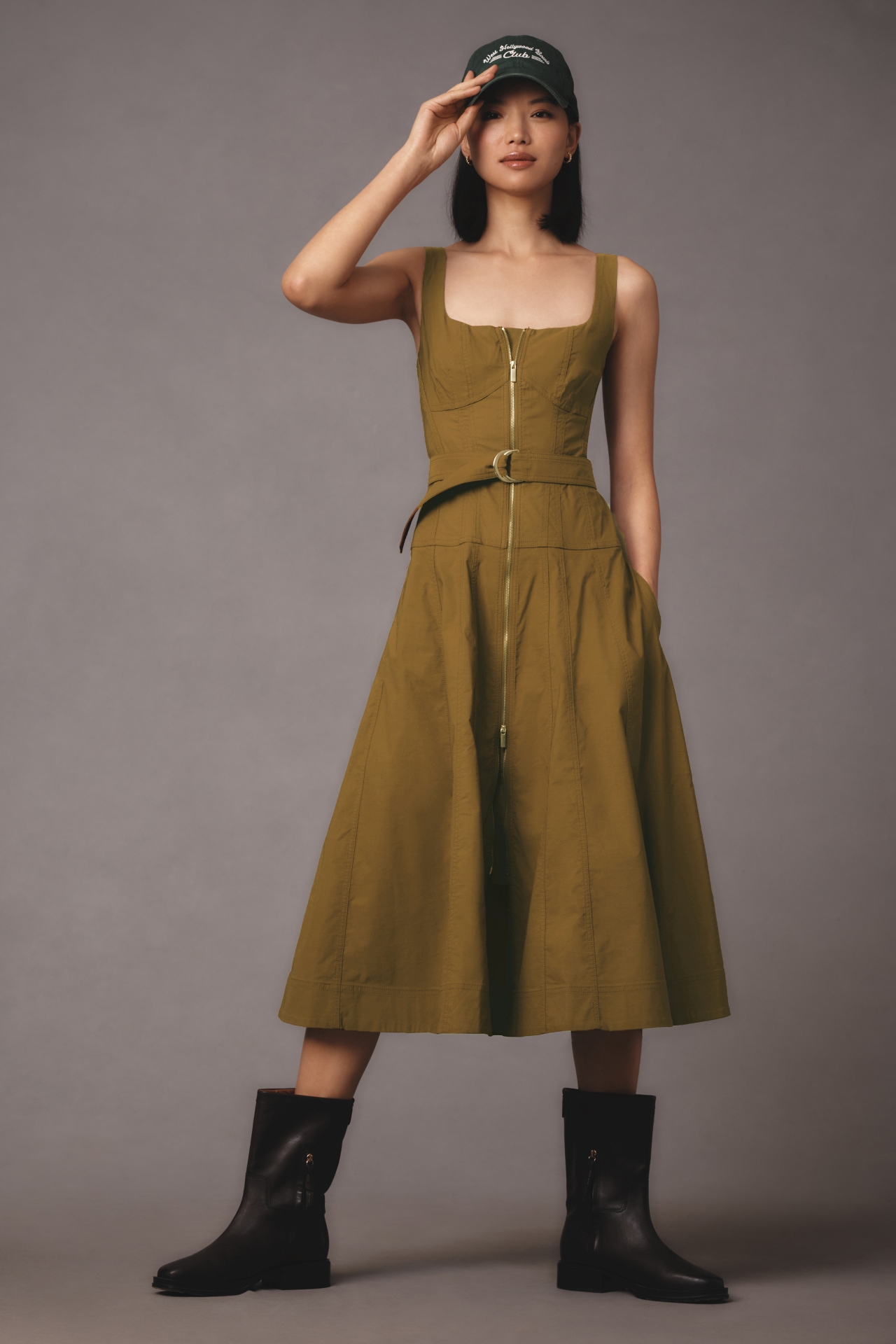 By Anthropologie Sleeveless Zip-Front Belted Midi Dress