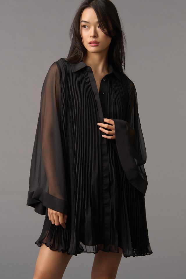 Maeve Long-Sleeve Pleated Mini Shirt Dress | Anthropologie