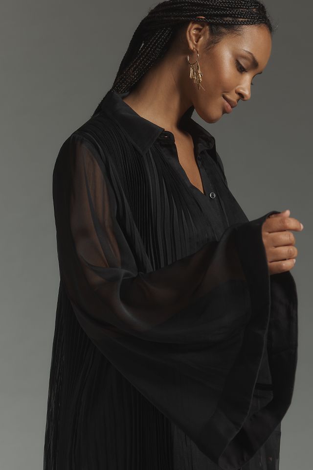 Maeve Long-Sleeve Pleated Mini Shirt Dress | Anthropologie