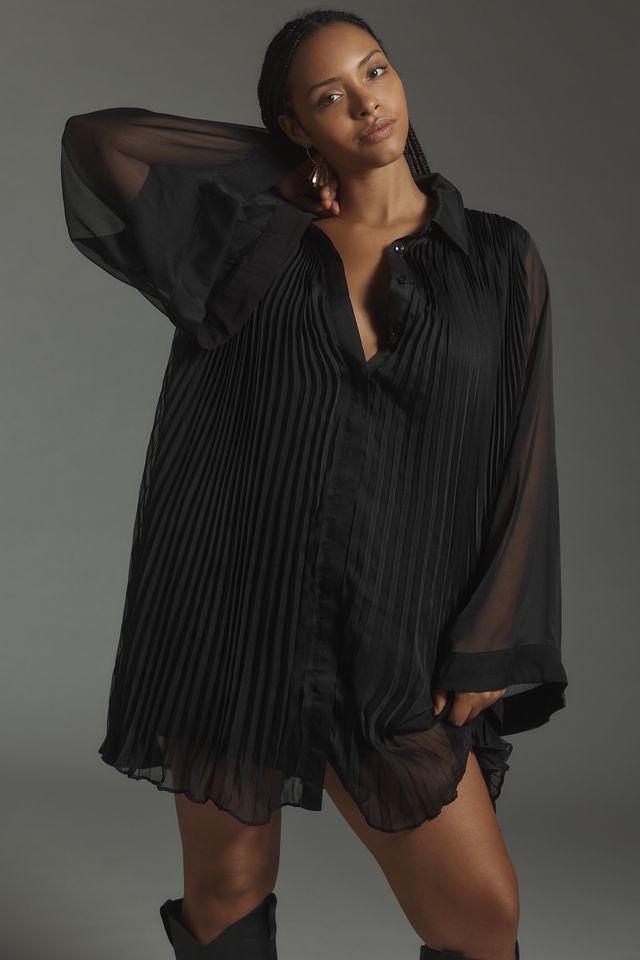Maeve Long-Sleeve Pleated Mini Shirt Dress #4