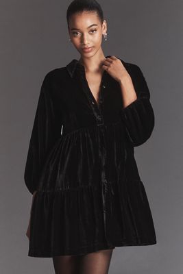 The Bettina Velvet Tiered Mini Shirt Dress by Maeve