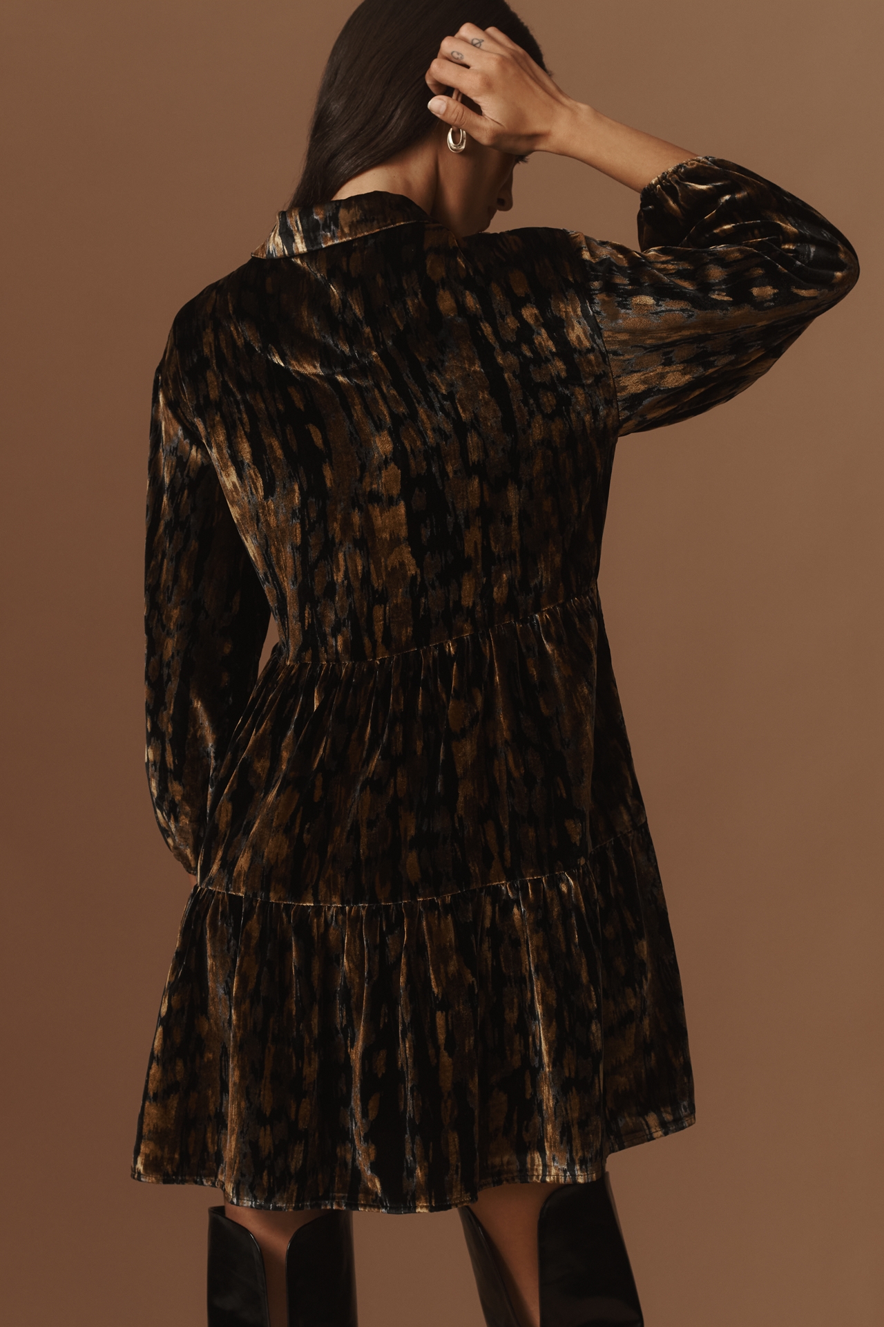 The Bettina Velvet Tiered Mini Shirt Dress by Maeve