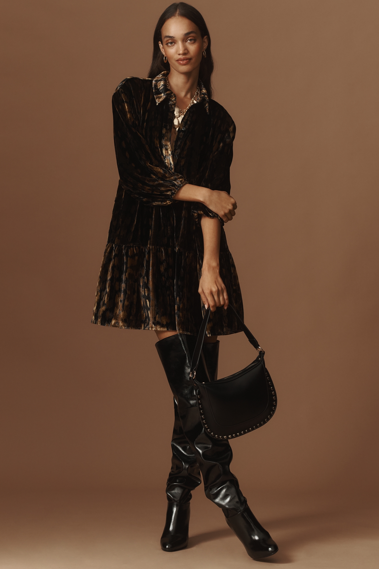 The Bettina Velvet Tiered Mini Shirt Dress by Maeve