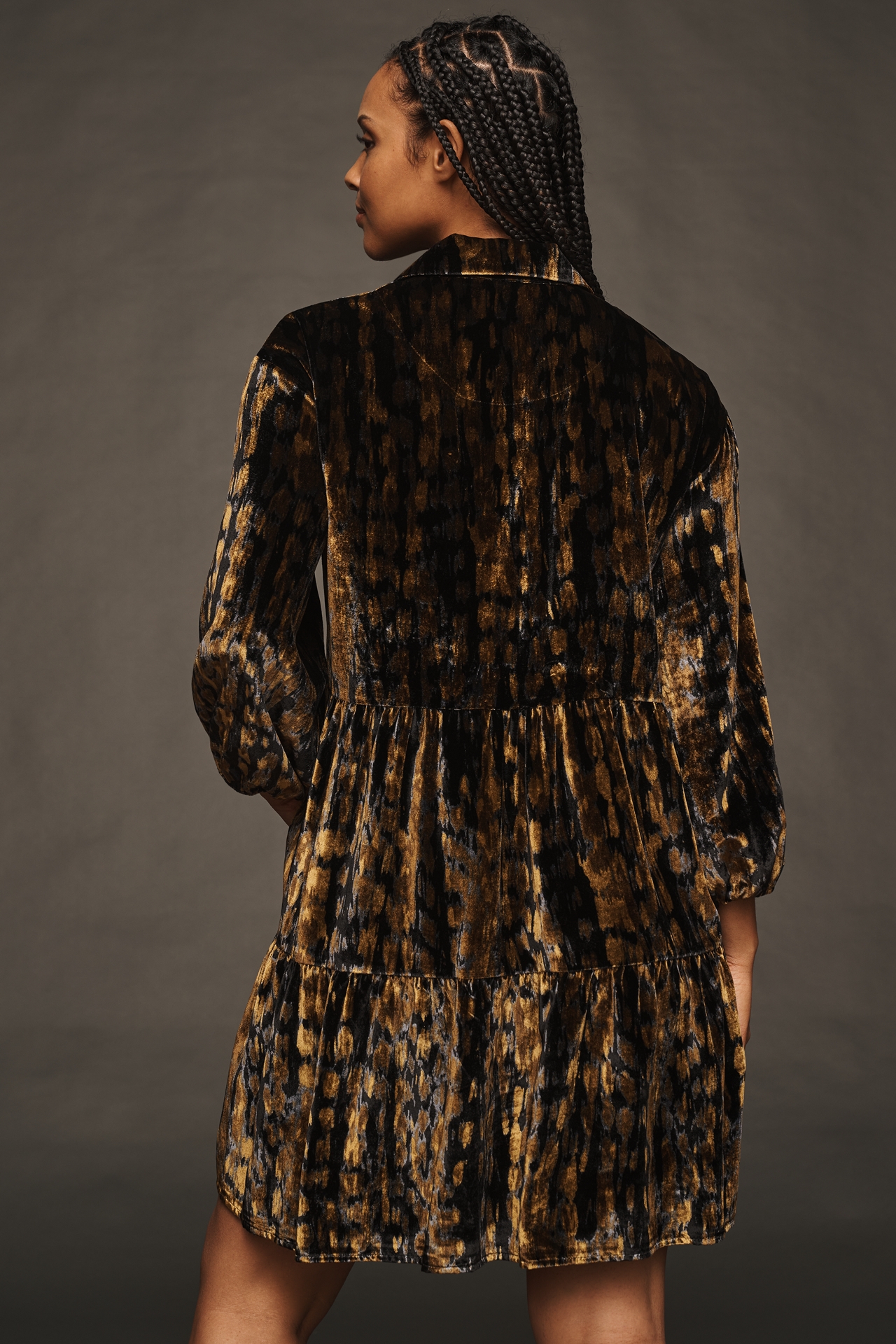 The Bettina Velvet Tiered Mini Shirt Dress by Maeve