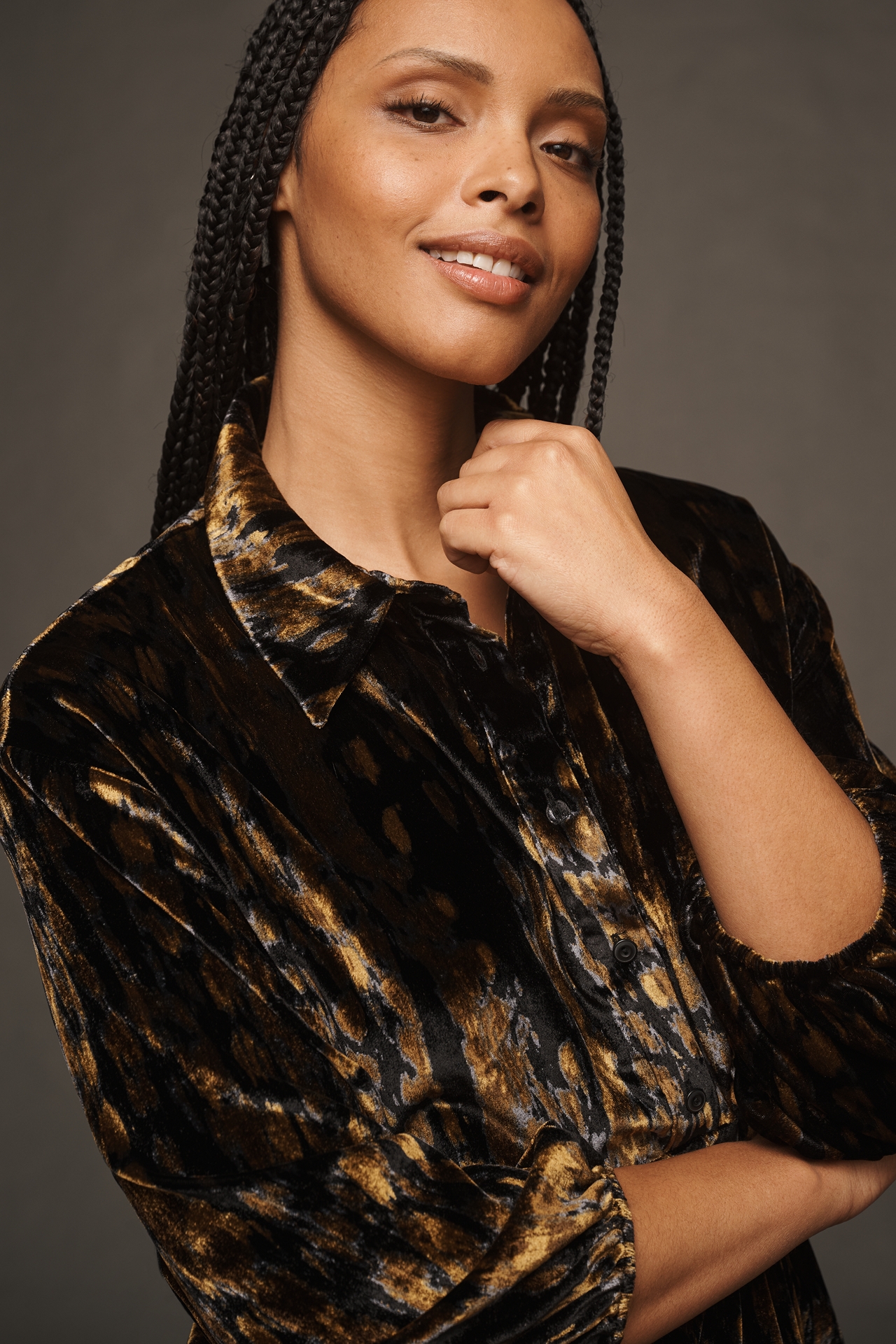 The Bettina Velvet Tiered Mini Shirt Dress by Maeve