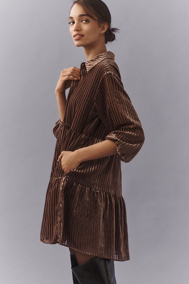The Bettina Velvet Tiered Mini Shirt Dress by Maeve #3