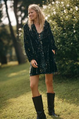 The Bettina Velvet Tiered Mini Shirt Dress by Maeve
