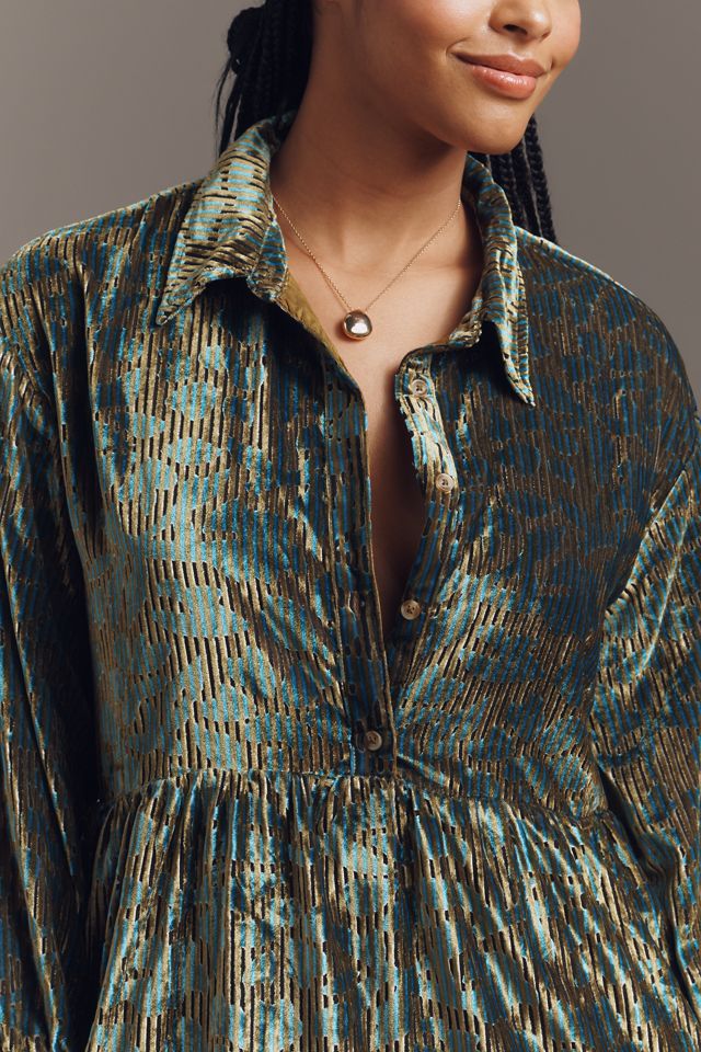 The Bettina Velvet Tiered Mini Shirt Dress by Maeve #1