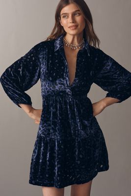 The Bettina Velvet Tiered Mini Shirt Dress by Maeve