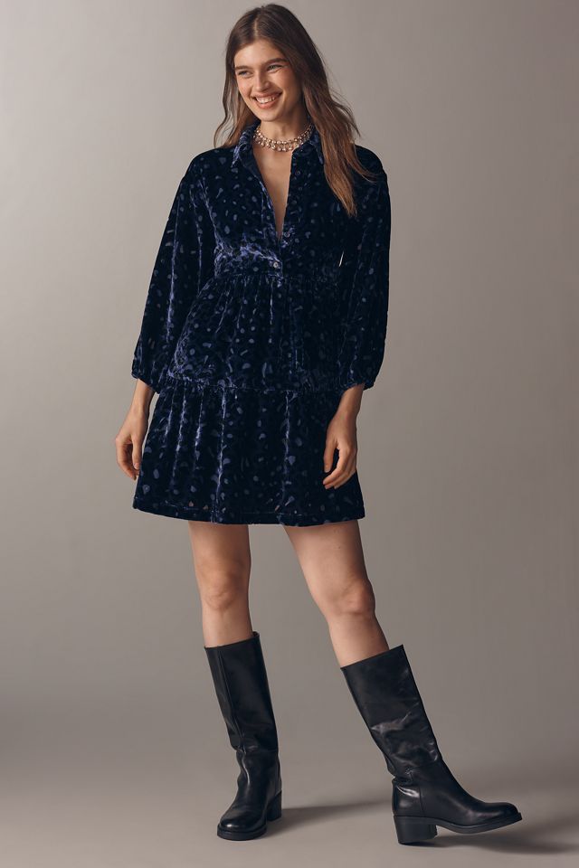 The Bettina Velvet Tiered Mini Shirt Dress by Maeve #3