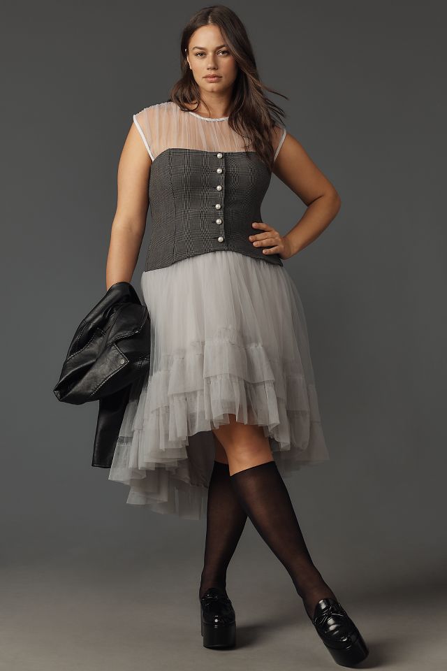 By Anthropologie Sheer Tulle Corset Twofer Midi Dress