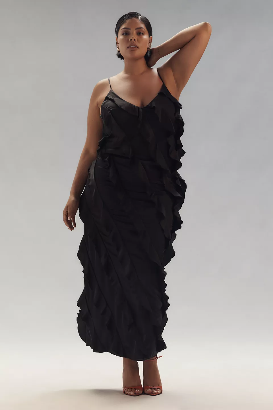 A plus-size, black, ruffle dress