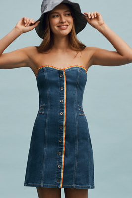 PILCRO STRAPLESS BUTTON-FRONT DENIM MINI DRESS 