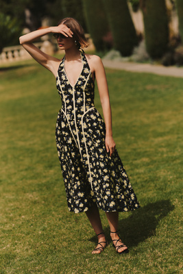 Halter V-Neck Fit & Flare Midi Dress by Anthropologie, Size: XL Petite