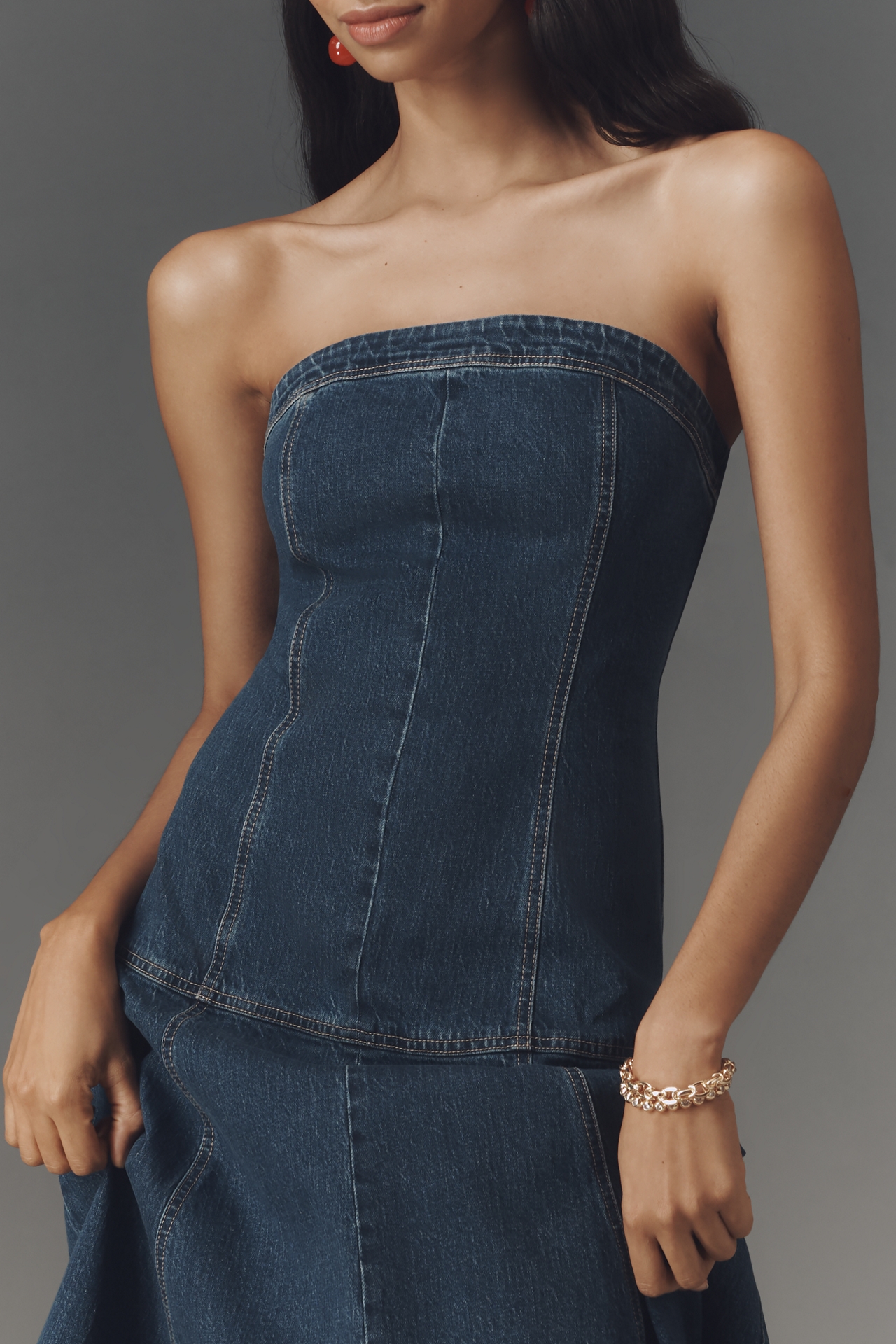 Pilcro Strapless Drop-Waist Denim Midi Dress