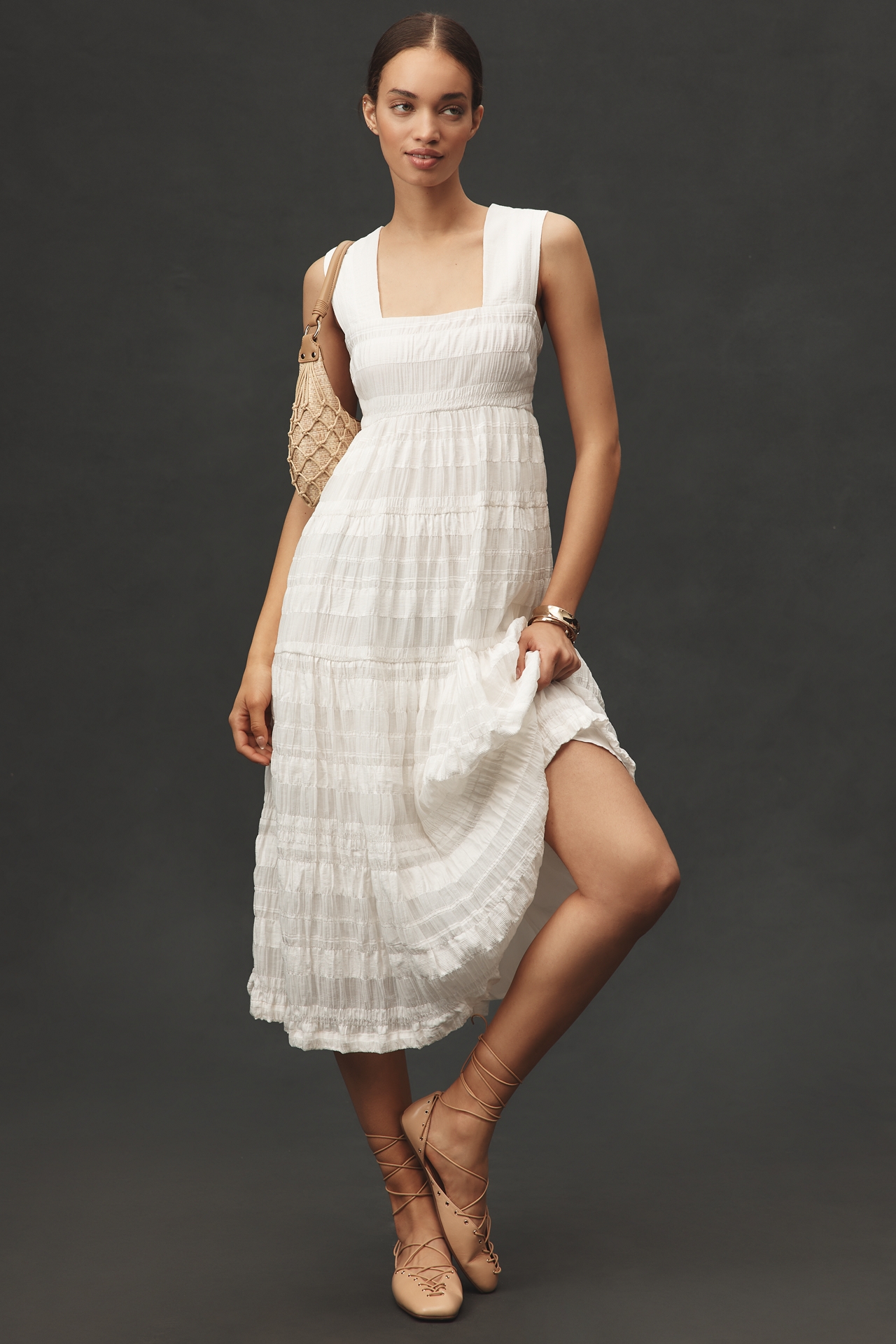 Helena Square-Neck Smocked Tiered Midi Dress