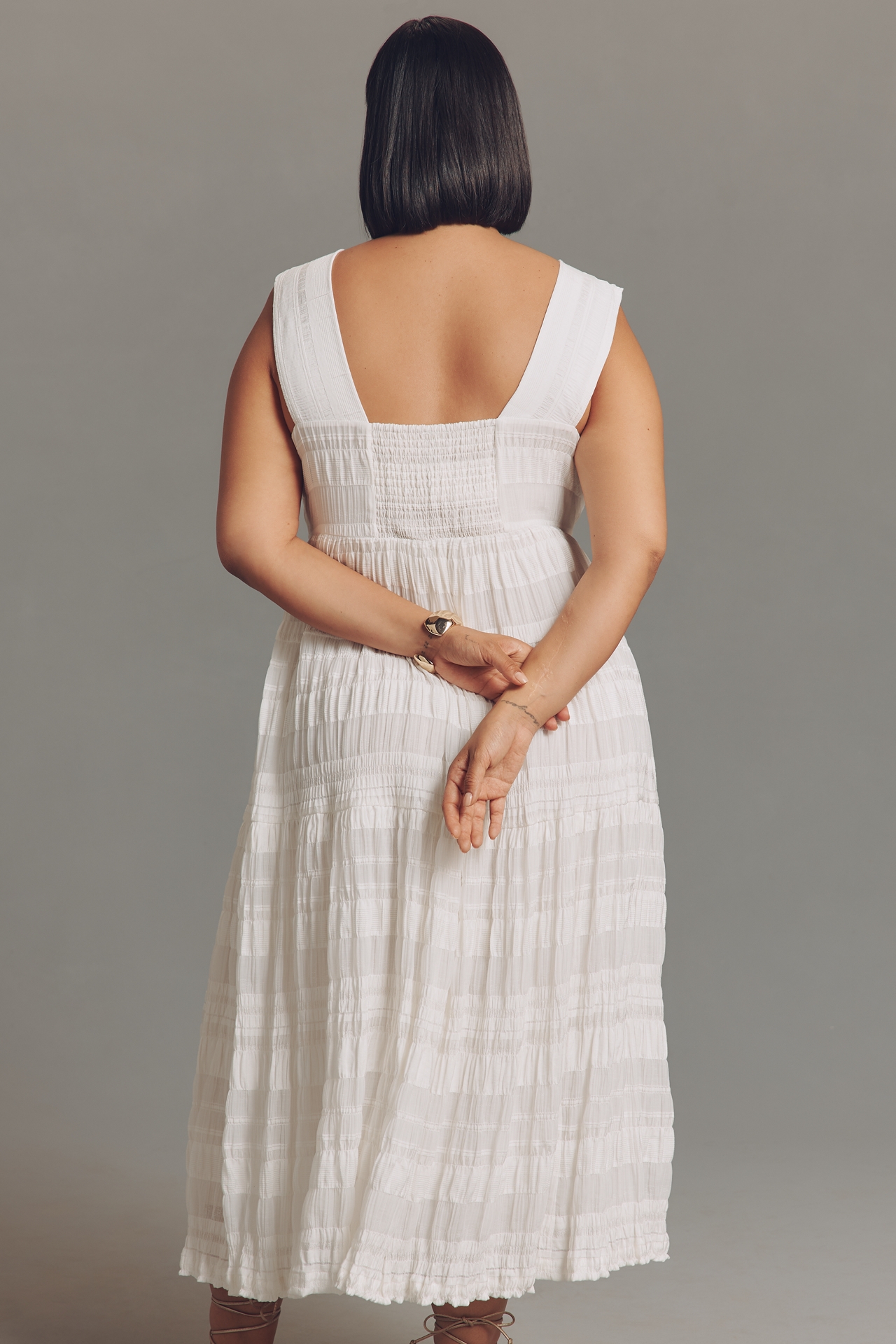 Helena Square-Neck Smocked Tiered Midi Dress