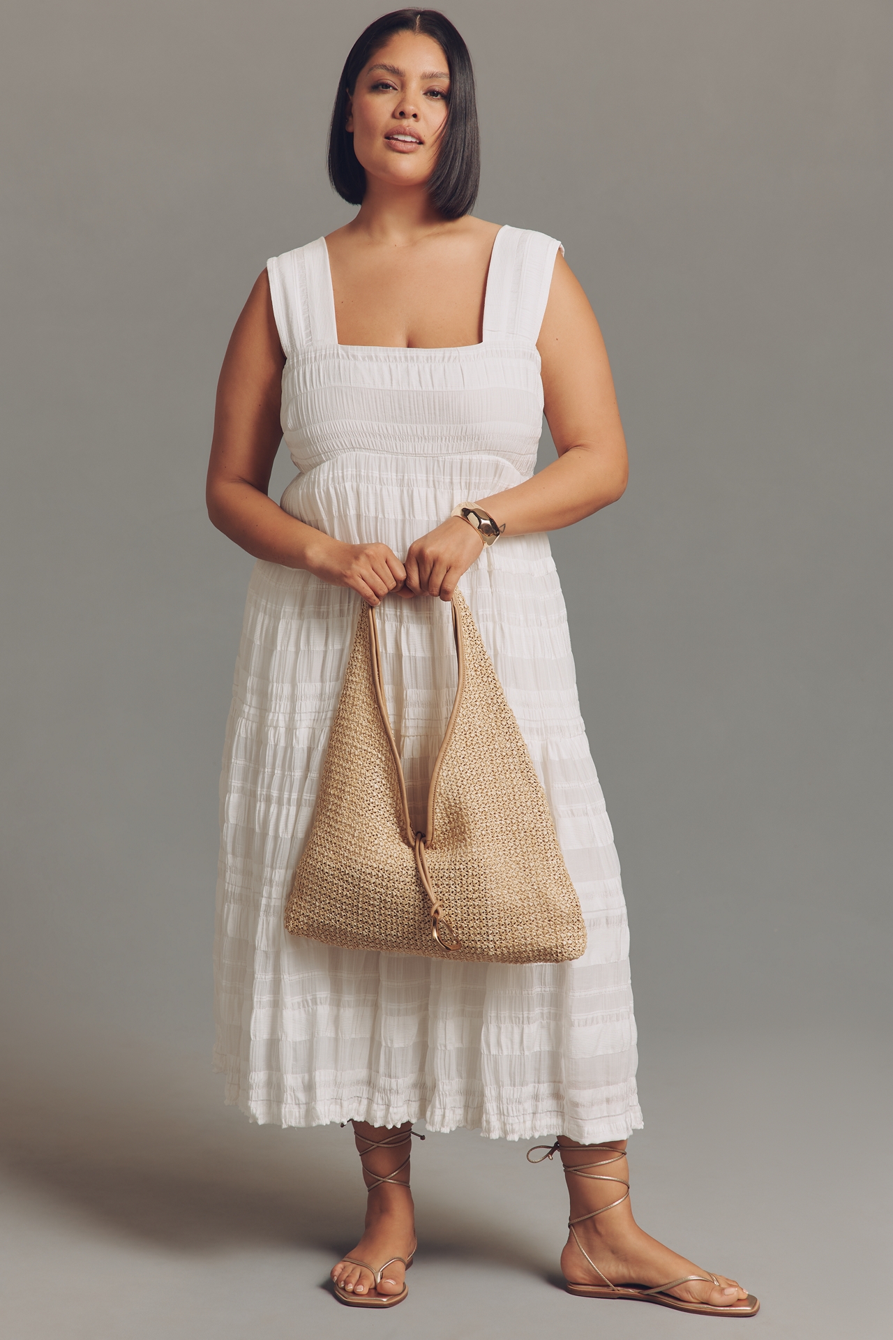Helena Square-Neck Smocked Tiered Midi Dress