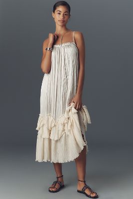 By Anthropologie Sleeveless Square-Neck Layered Plissé Maxi Dress