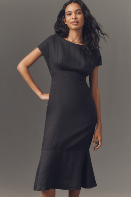 MAEVE SHORT-SLEEVE LINEN WRAP-BACK SLIM MIDI DRESS 