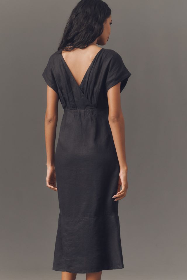 Maeve Short-Sleeve Linen Wrap-Back Slim Midi Dress #1
