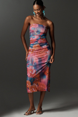 anthropologie The Soleil Slim Strapless Ruched Mesh Dress Pink