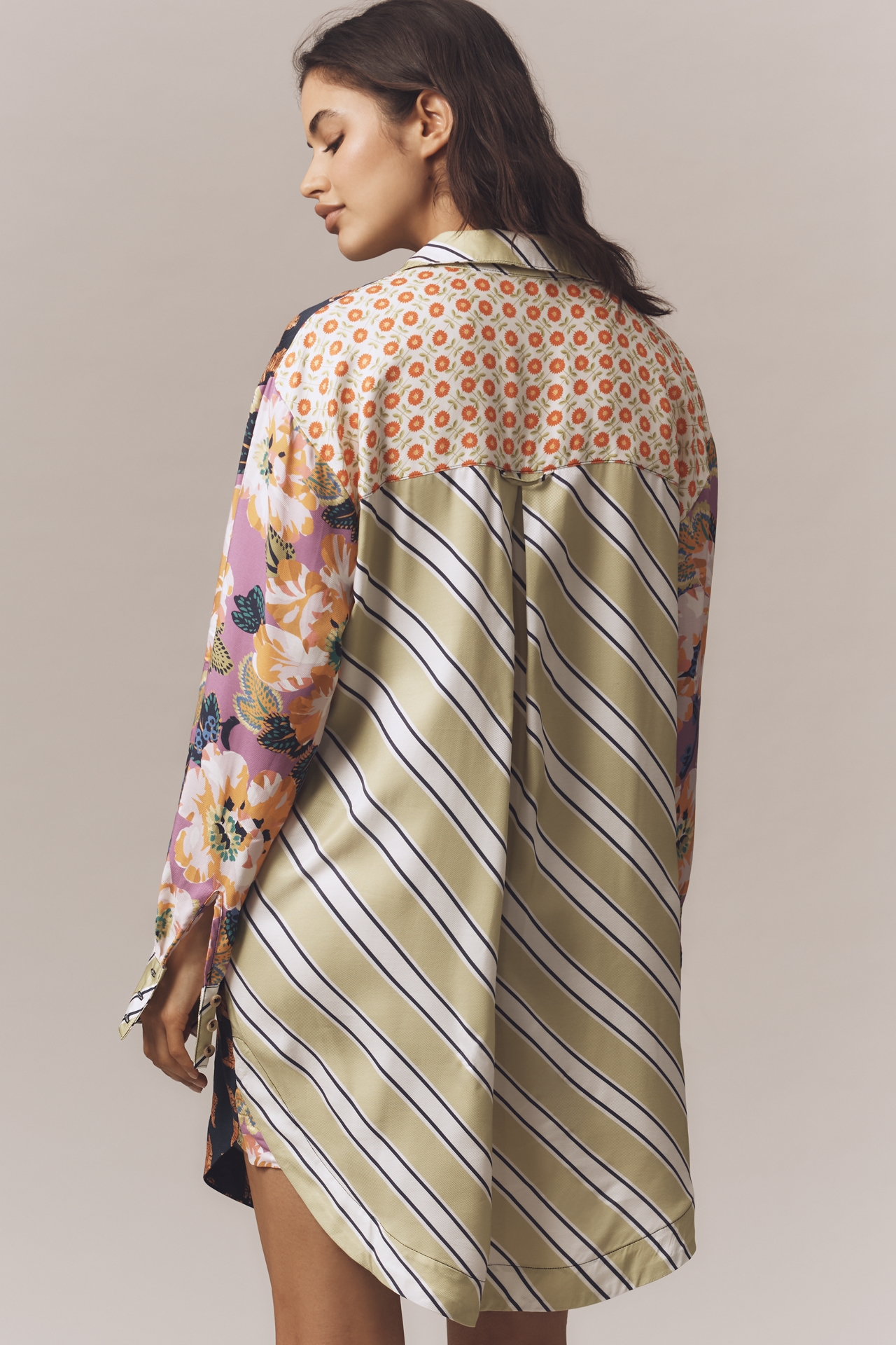 The Soren Long-Sleeve Mixed Print Mini Shirt Dress by Maeve