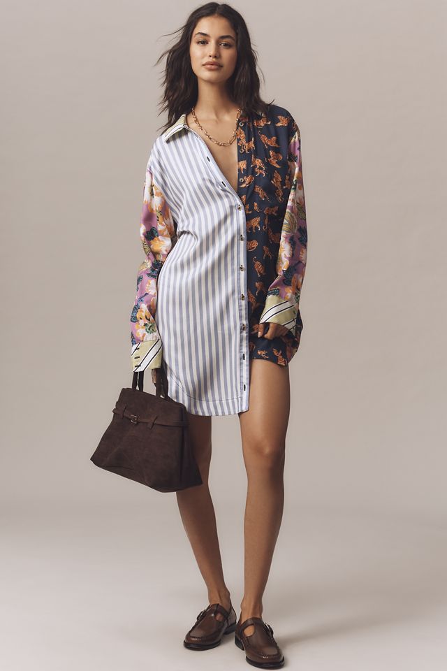 The Soren Mixed-Print Mini Shirt Dress by Maeve