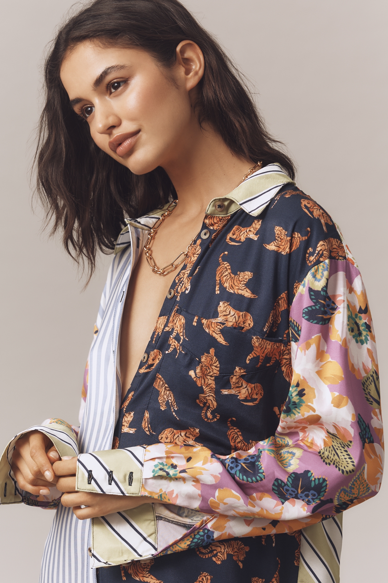 The Soren Long-Sleeve Mixed Print Mini Shirt Dress by Maeve