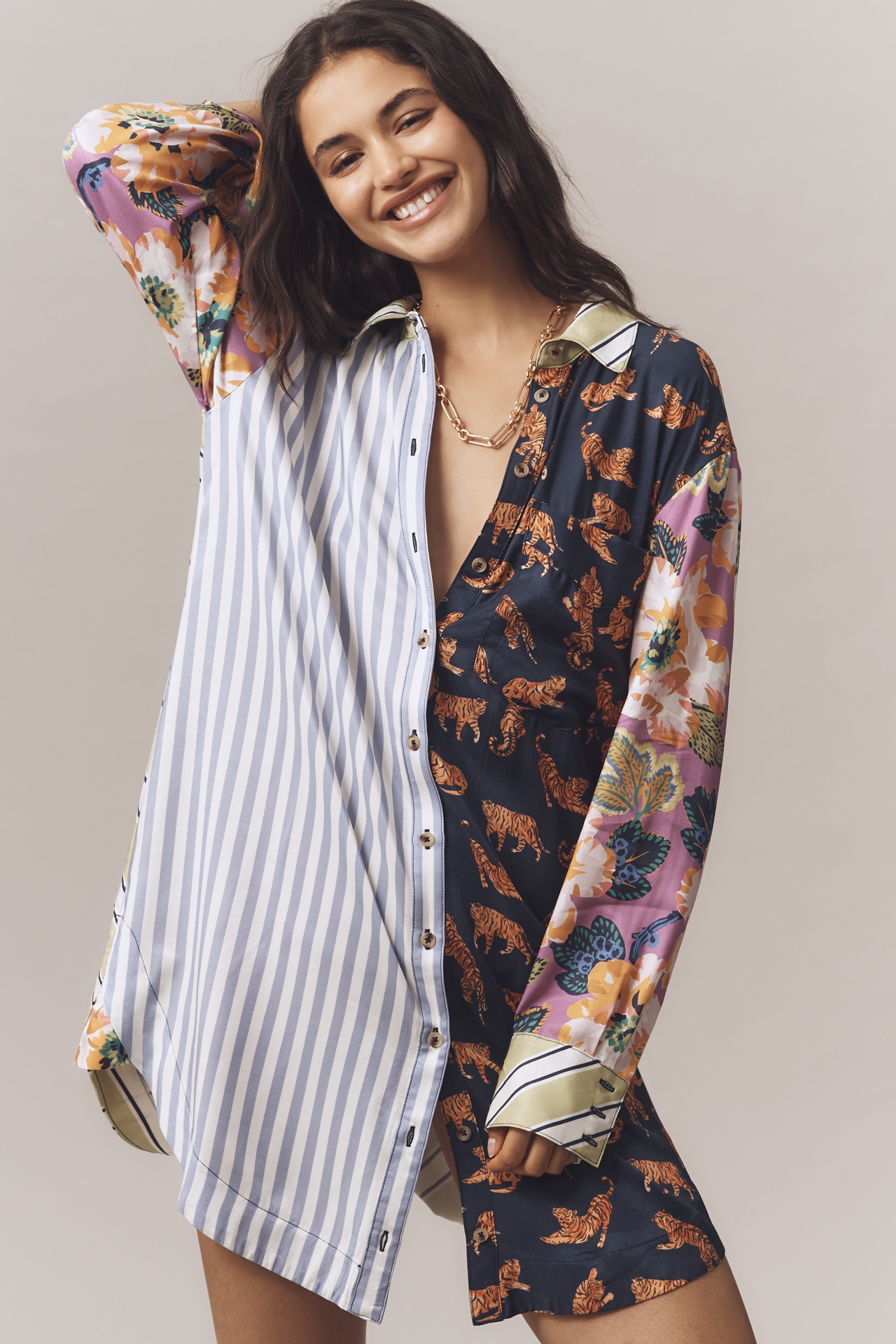The Soren Long-Sleeve Mixed Print Mini Shirt Dress by Maeve