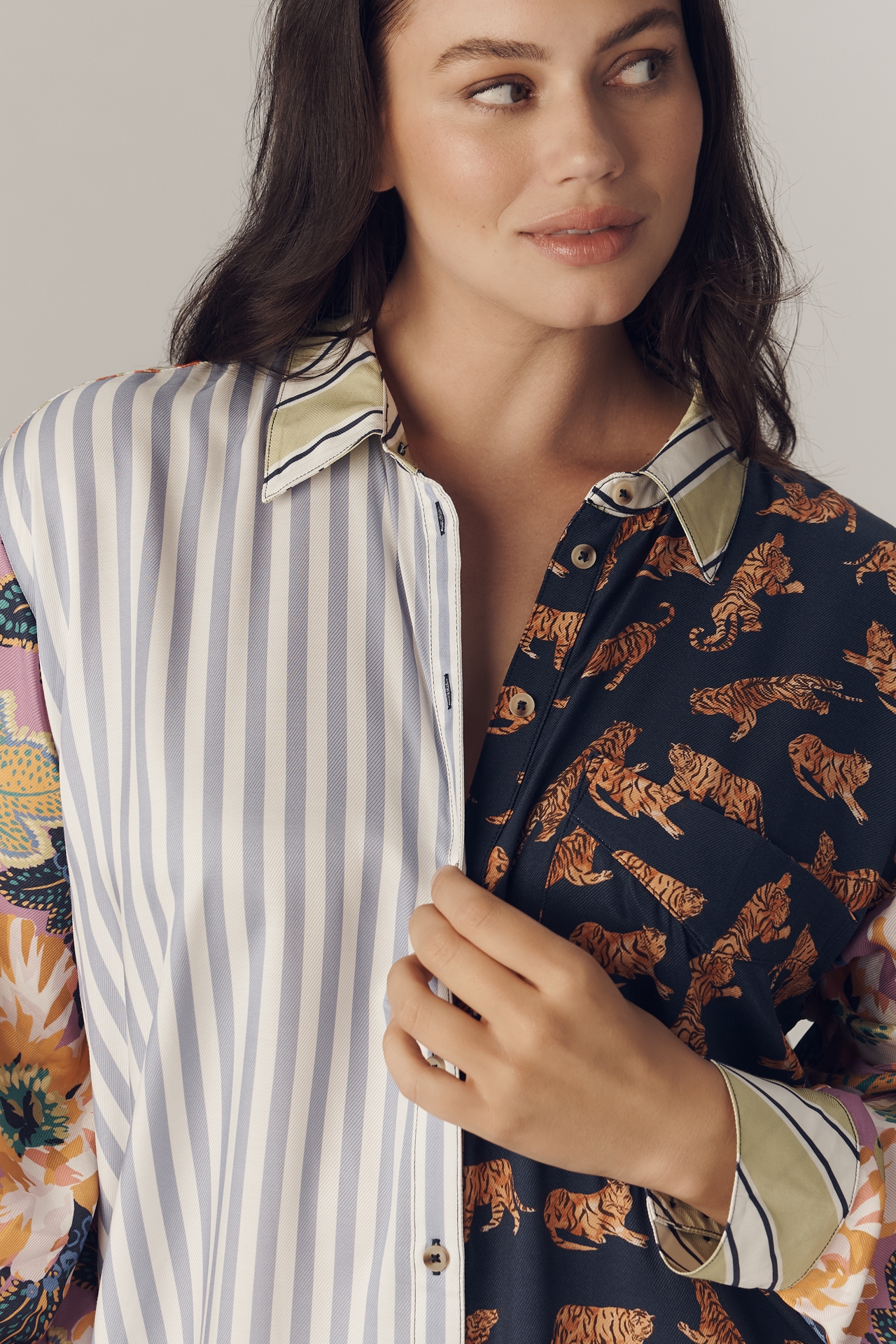 The Soren Long-Sleeve Mixed Print Mini Shirt Dress by Maeve
