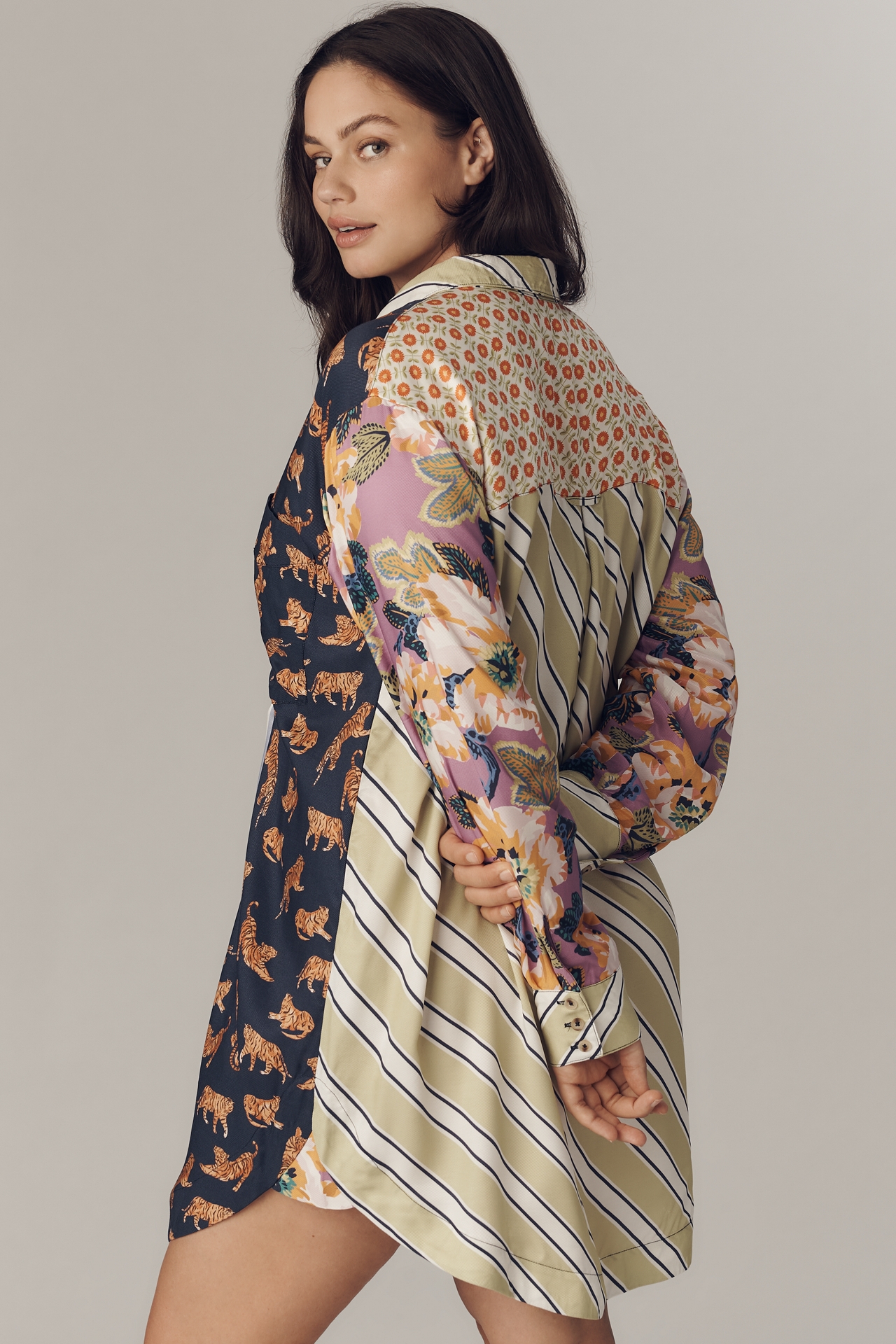 The Soren Long-Sleeve Mixed Print Mini Shirt Dress by Maeve