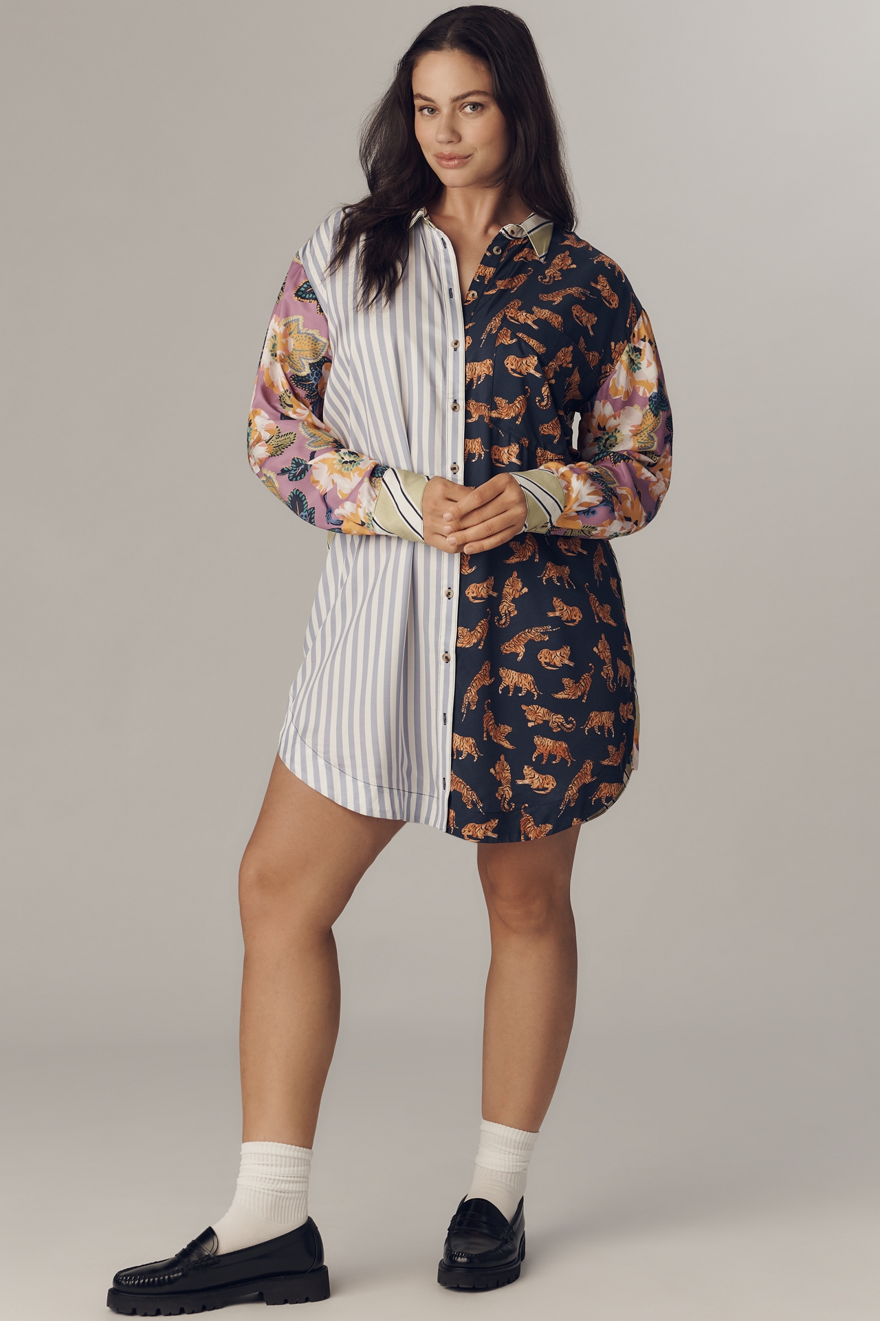 The Soren Long-Sleeve Mixed Print Mini Shirt Dress by Maeve