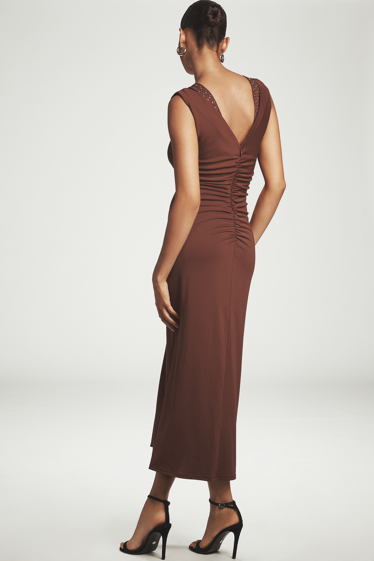 Maeve Sleeveless V-Neck Studded Ruched Midi Dress