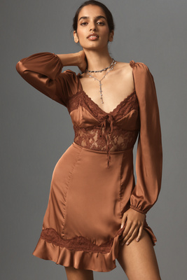 By Anthropologie Silky Lace Mini Dress In Brown